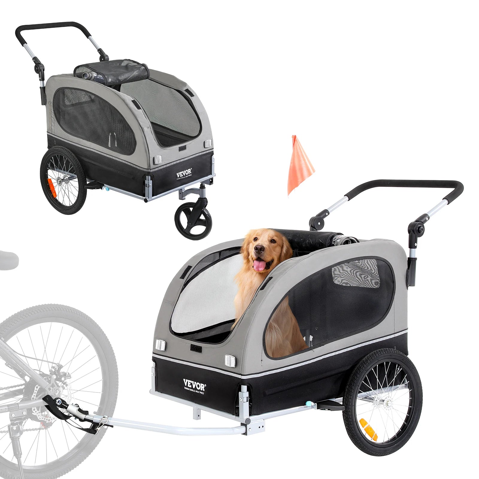 VEVOR Dog Bike Trailer 2-in-1 Pet Stroller Cart W/Quick Release Wheels Collapsible Trailer Universal Bicycle Coupler/Reflectors - House of Yorkie