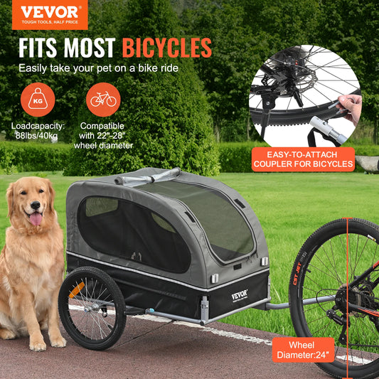 VEVOR 88 lbs Dog Bike Trailer Pet Cart Bicycle Carrier with Wheels, Coupler, Reflectors, Flag, Collapsible to Store for Dogs - House of Yorkie