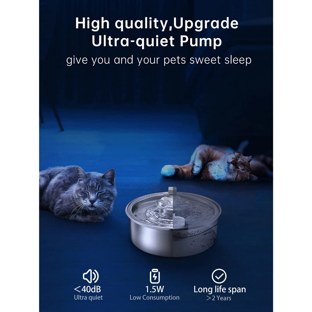 Cat Water Fountain 304 Stainless Steel 2.0L Automatic Circulating Pet Water Fountain Ultra-Quiet Pump with LED Light Cat Fountai - House of Yorkie