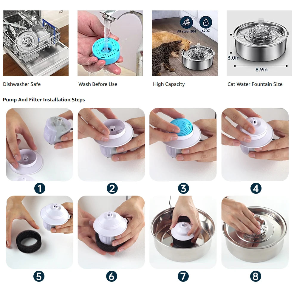 Cat Water Fountain 304 Stainless Steel 2.0L Automatic Circulating Pet Water Fountain Ultra-Quiet Pump with LED Light Cat Fountai - House of Yorkie