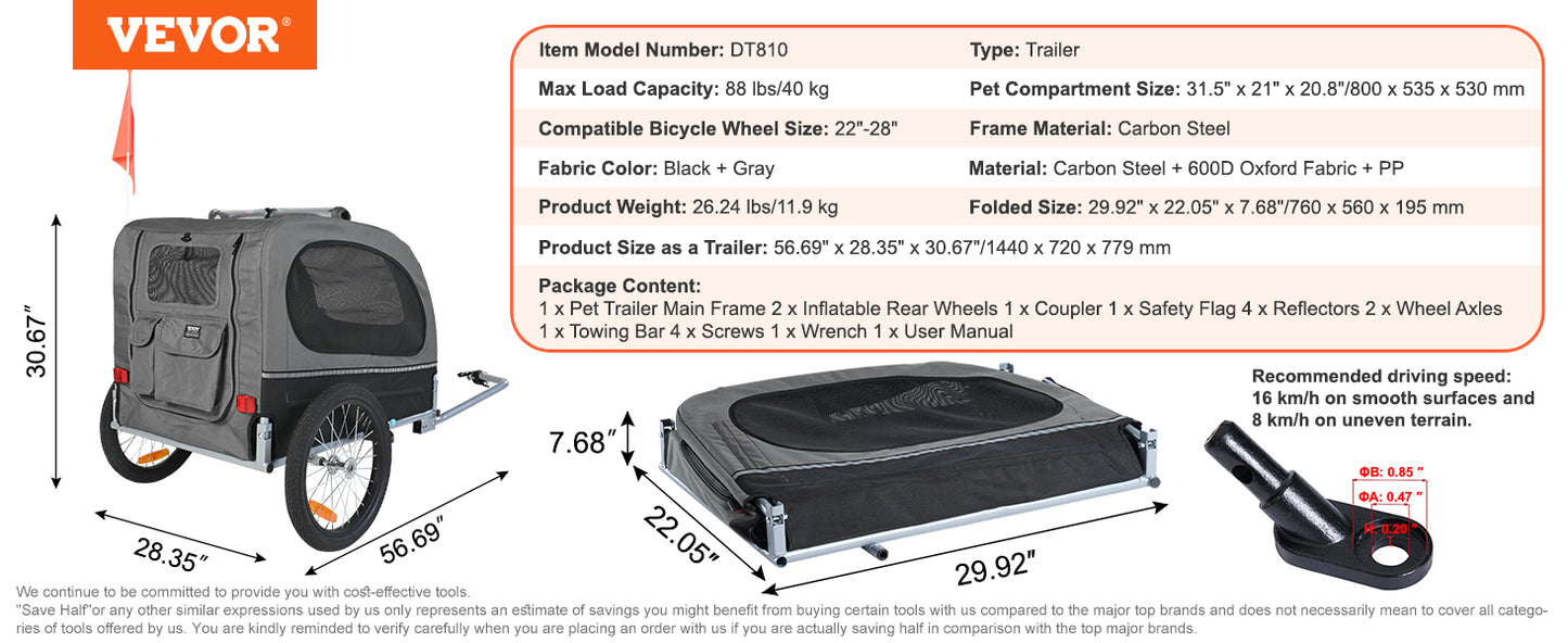 VEVOR 88 lbs Dog Bike Trailer Pet Cart Bicycle Carrier with Wheels, Coupler, Reflectors, Flag, Collapsible to Store for Dogs - House of Yorkie