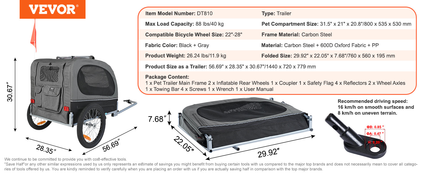 VEVOR 88 lbs Dog Bike Trailer Pet Cart Bicycle Carrier with Wheels, Coupler, Reflectors, Flag, Collapsible to Store for Dogs - House of Yorkie