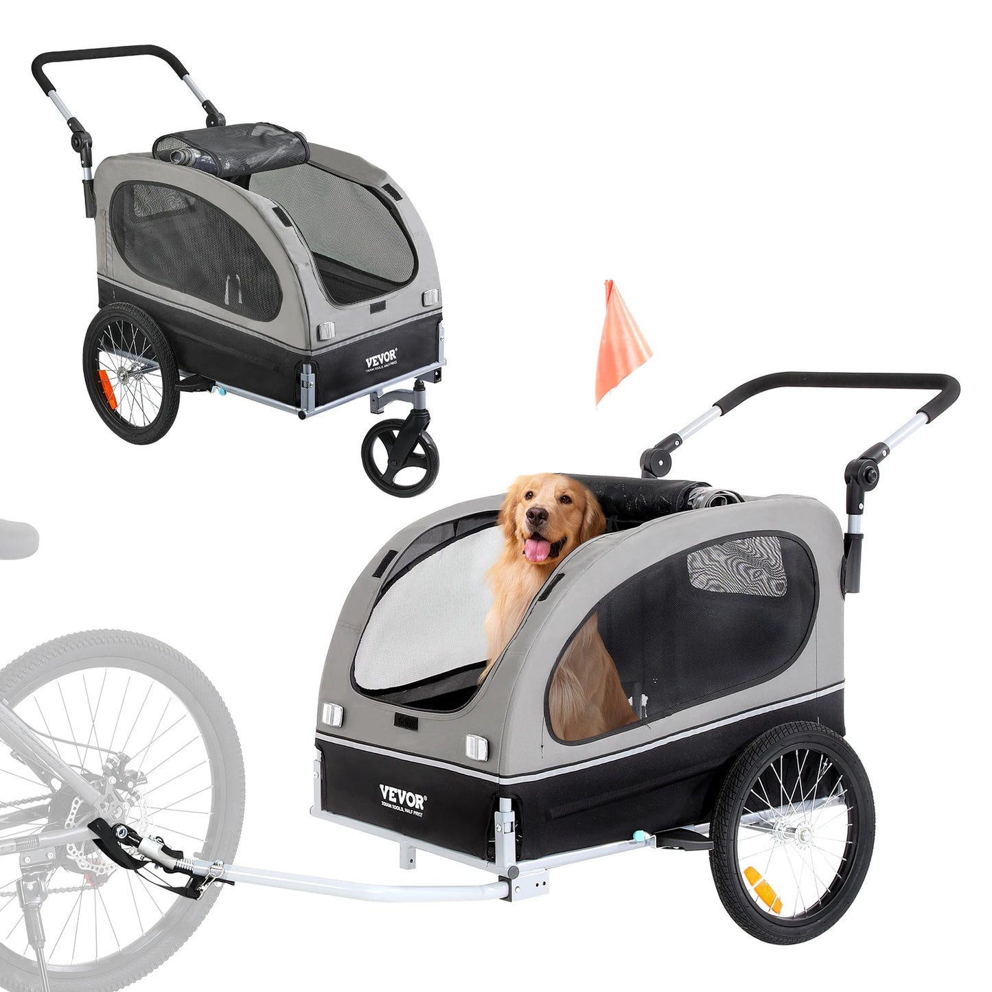 VEVOR Dog Bike Trailer 2-in-1 Pet Stroller Cart W/Quick Release Wheels Collapsible Trailer Universal Bicycle Coupler/Reflectors