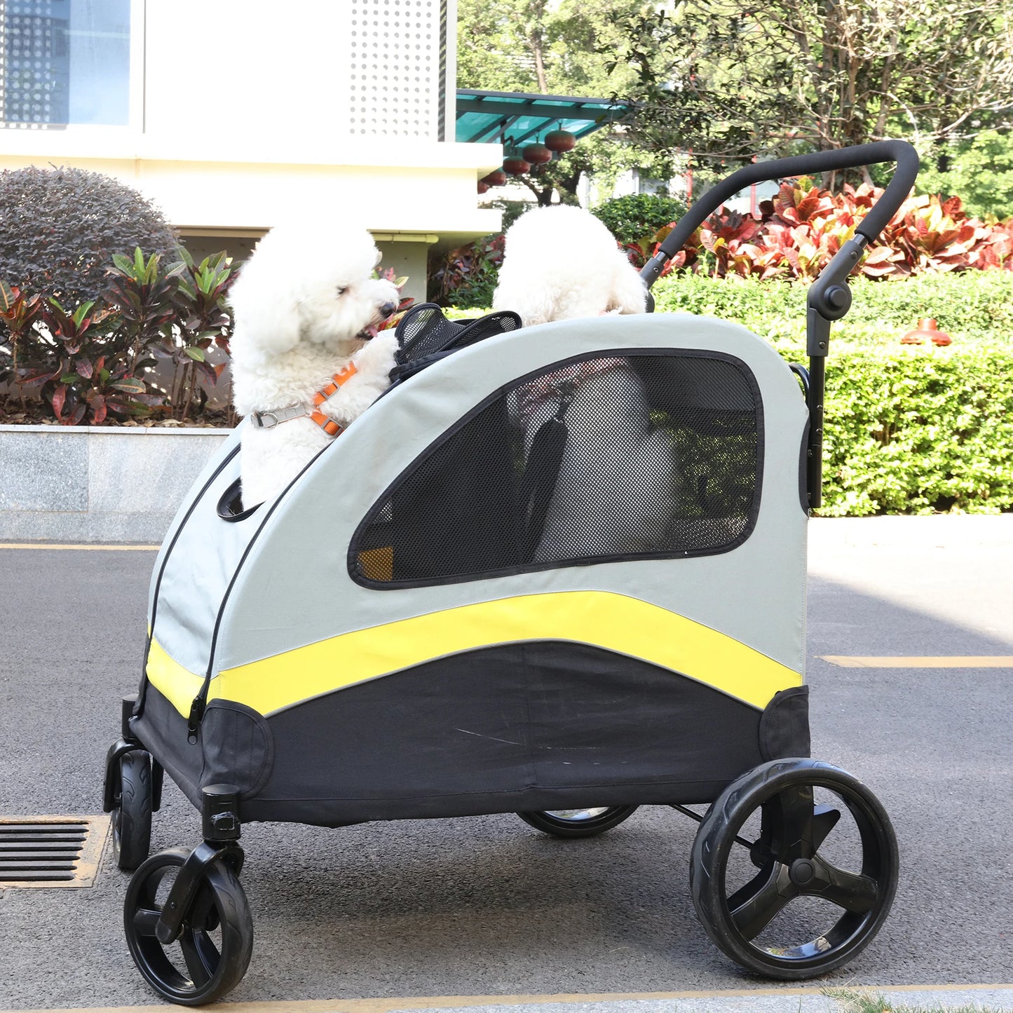 Pet Stroller for 2 Dogs with Zipper Divider and 4 Heavy Wheels One-key Folding Dog Jogger Wagon Travel Carriage