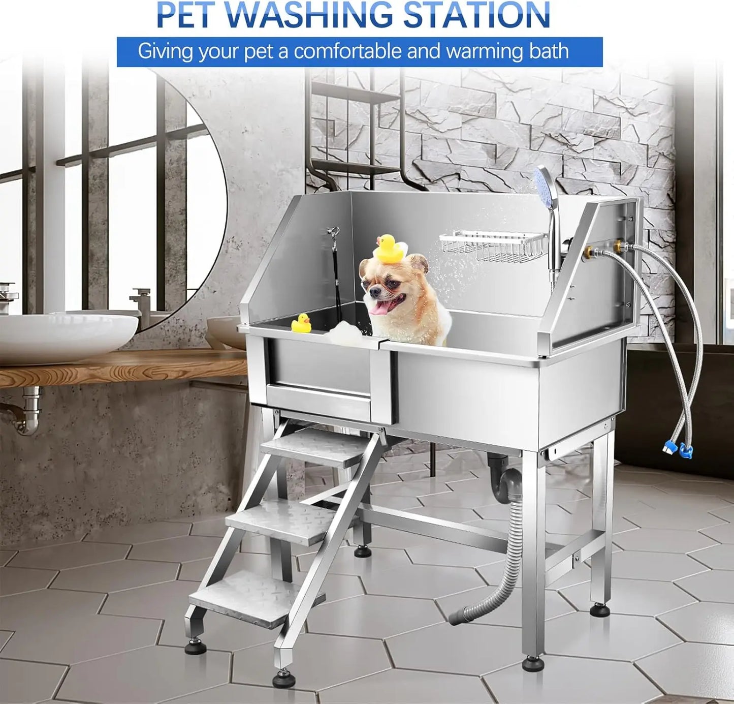 34“Dog Grooming Tub,Professional Stainless Steel Dog Grooming Bathtub Stationfor for Small Dogs, with Faucet Walk-in ramp