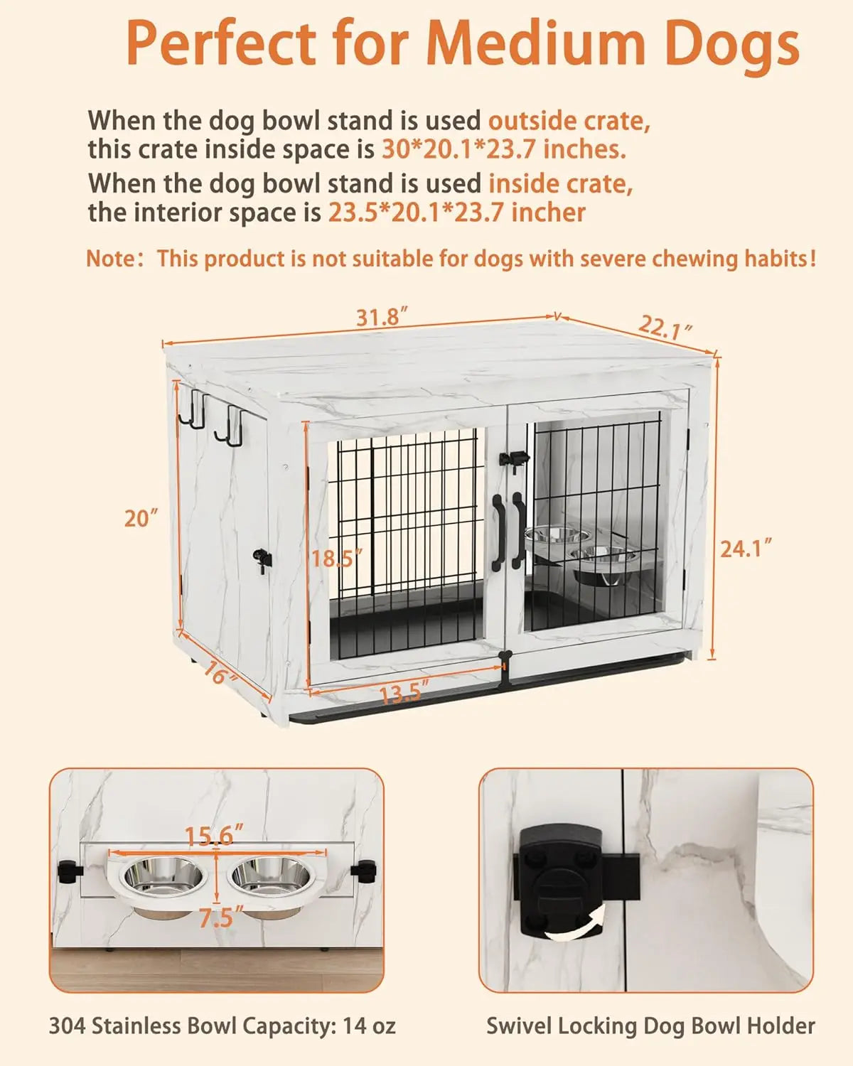 Wooden Dog Crate Furniture with 360°Rotatable Removable Dog Bowls, Crate End Table with Tray, Double Doors Dog Kennels