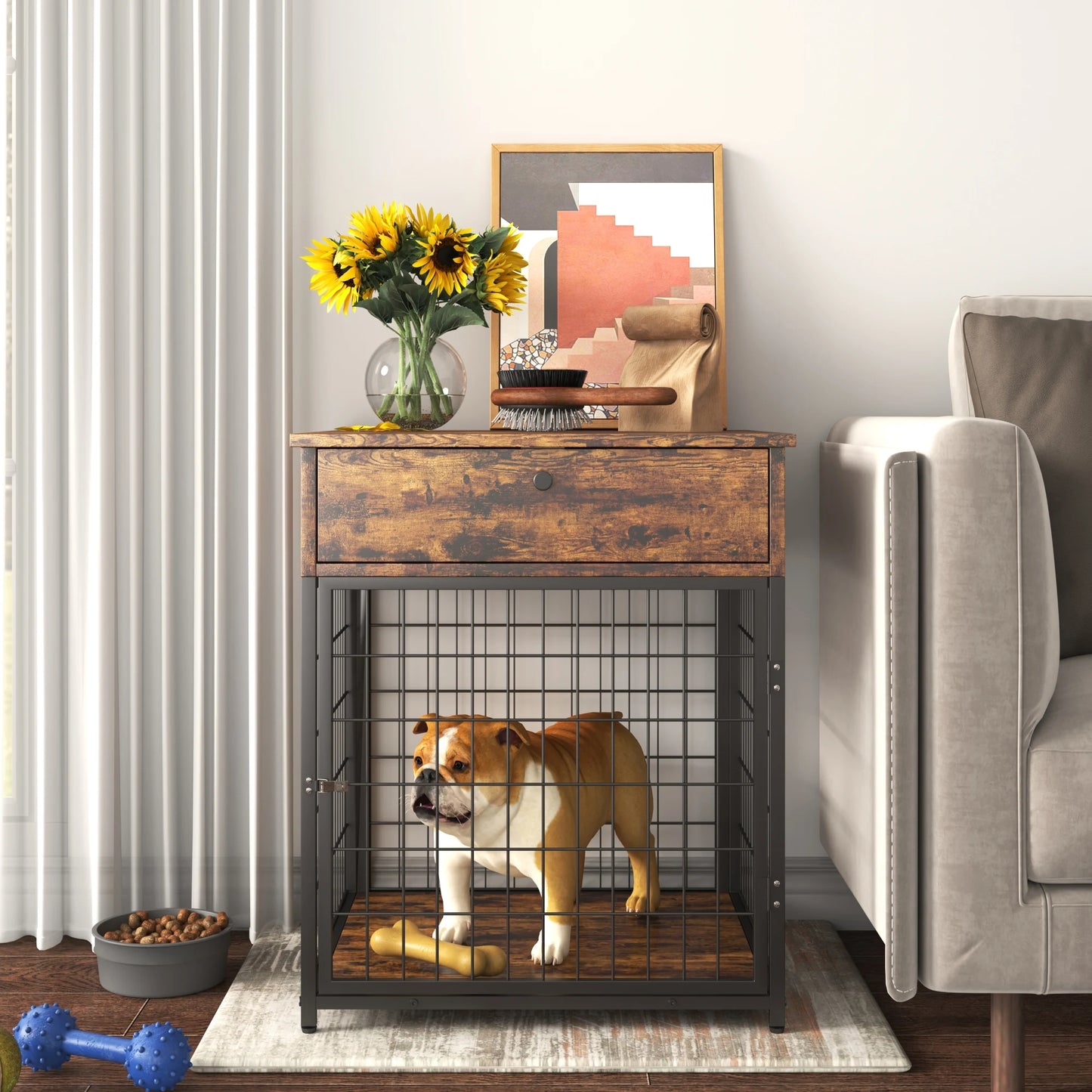 Wooden Dog Kennel / Crate Rustic Brown & Grey End Table Nightstand