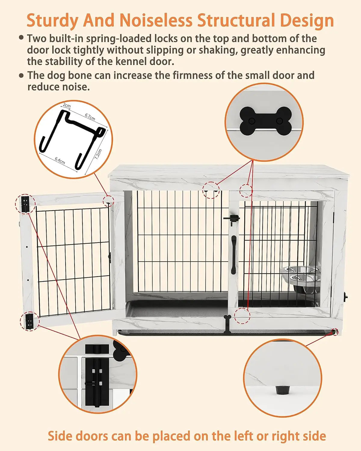 Wooden Dog Crate Furniture with 360°Rotatable Removable Dog Bowls, Crate End Table with Tray, Double Doors Dog Kennels