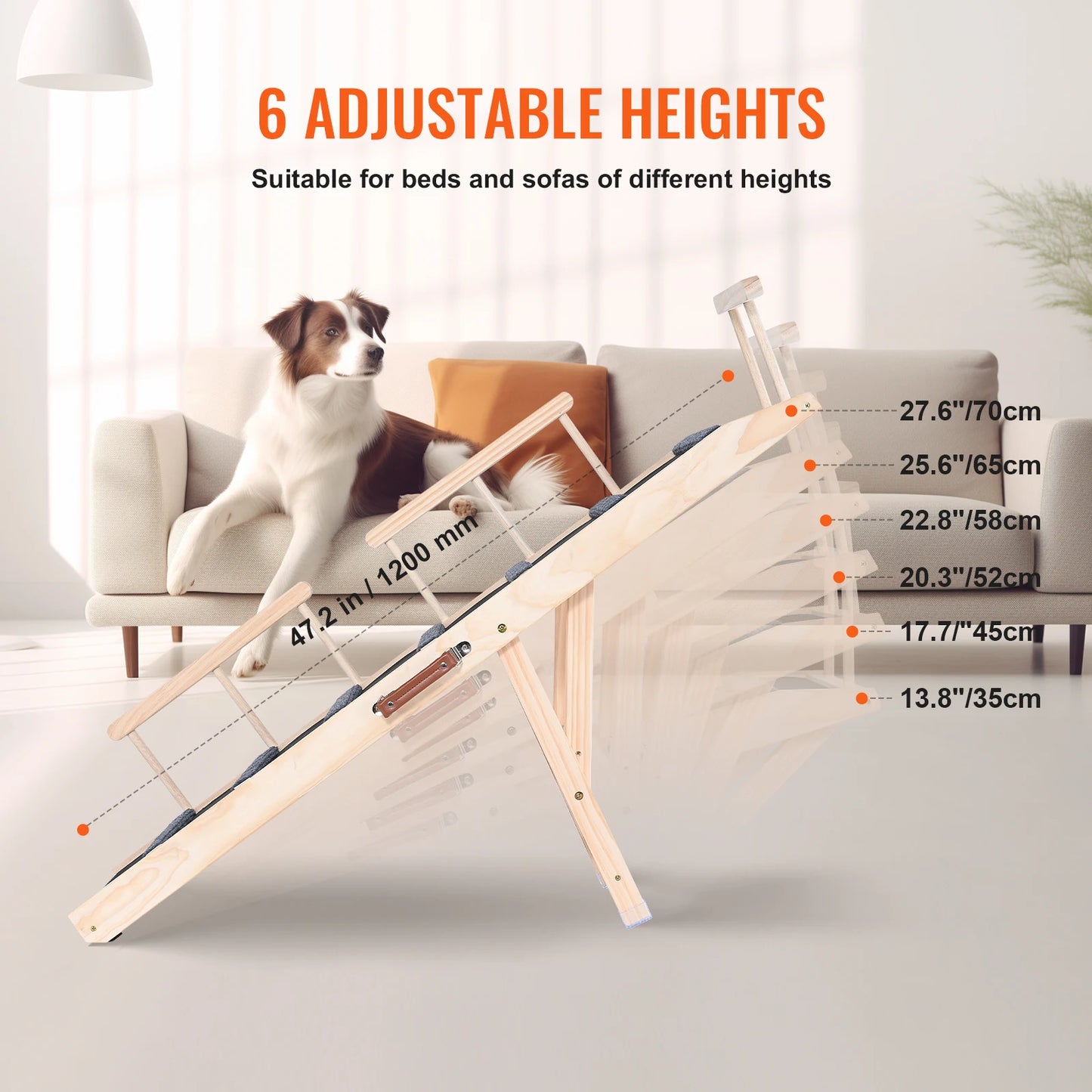 VEVOR Dog Ramp Folding Ladder Anti-slip High Adjustable Wooden Pet Ramp Removable for Small Old Dog Climbing Stairs Sofa Car Bed