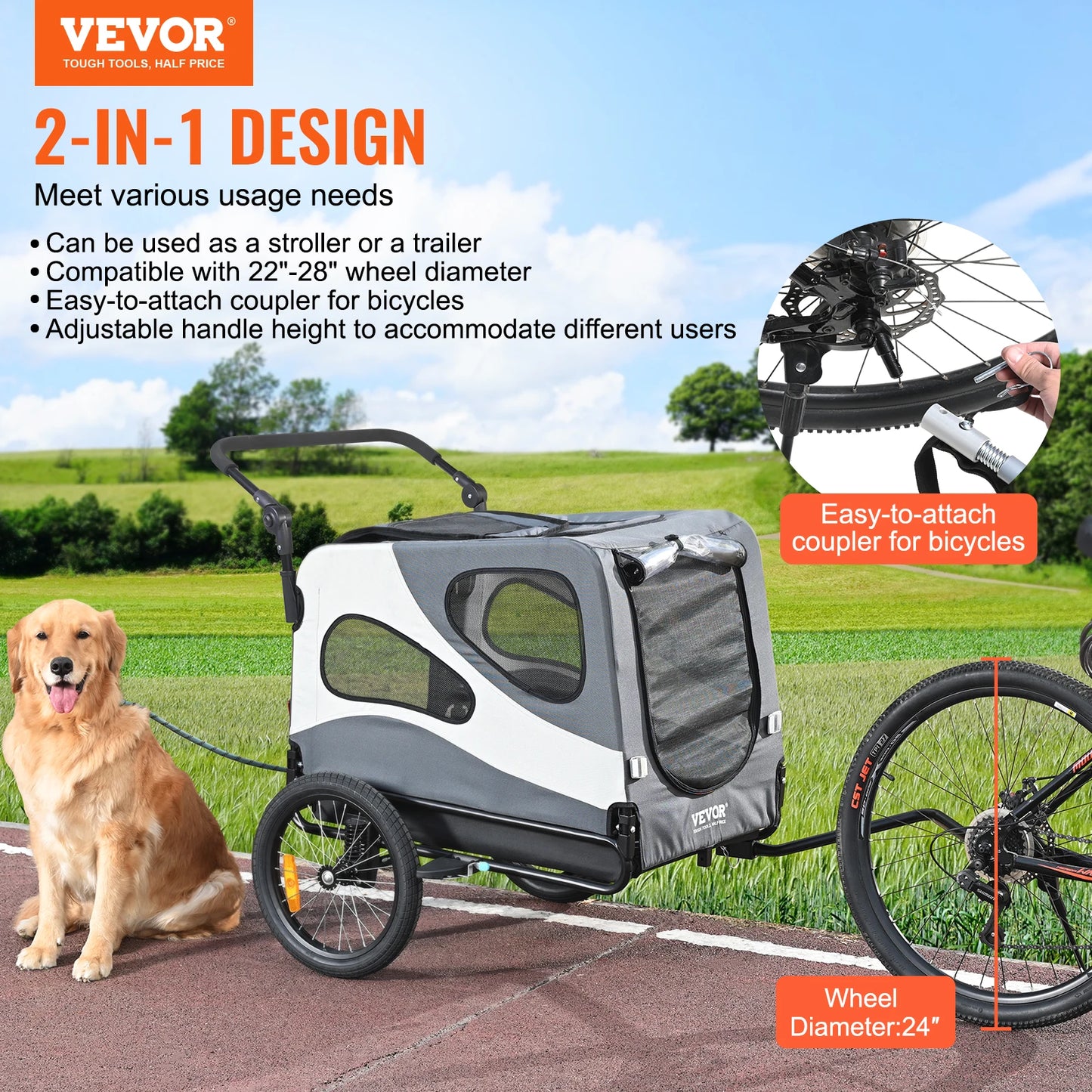 VEVOR 100 lbs Dog Bike Trailer 2-in-1 Pet Stroller Cart Easy Folding Bicycle Carrier with Coupler, Reflectors, Flag for Dogs