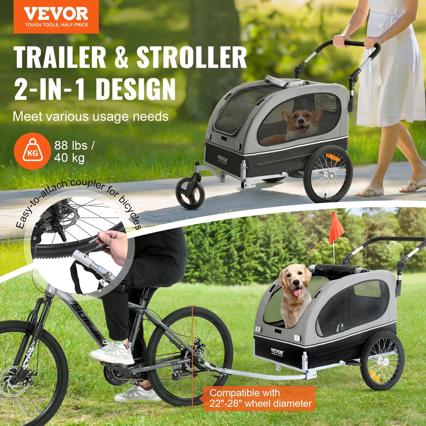 VEVOR Dog Bike Trailer 2-in-1 Pet Stroller Cart W/Quick Release Wheels Collapsible Trailer Universal Bicycle Coupler/Reflectors