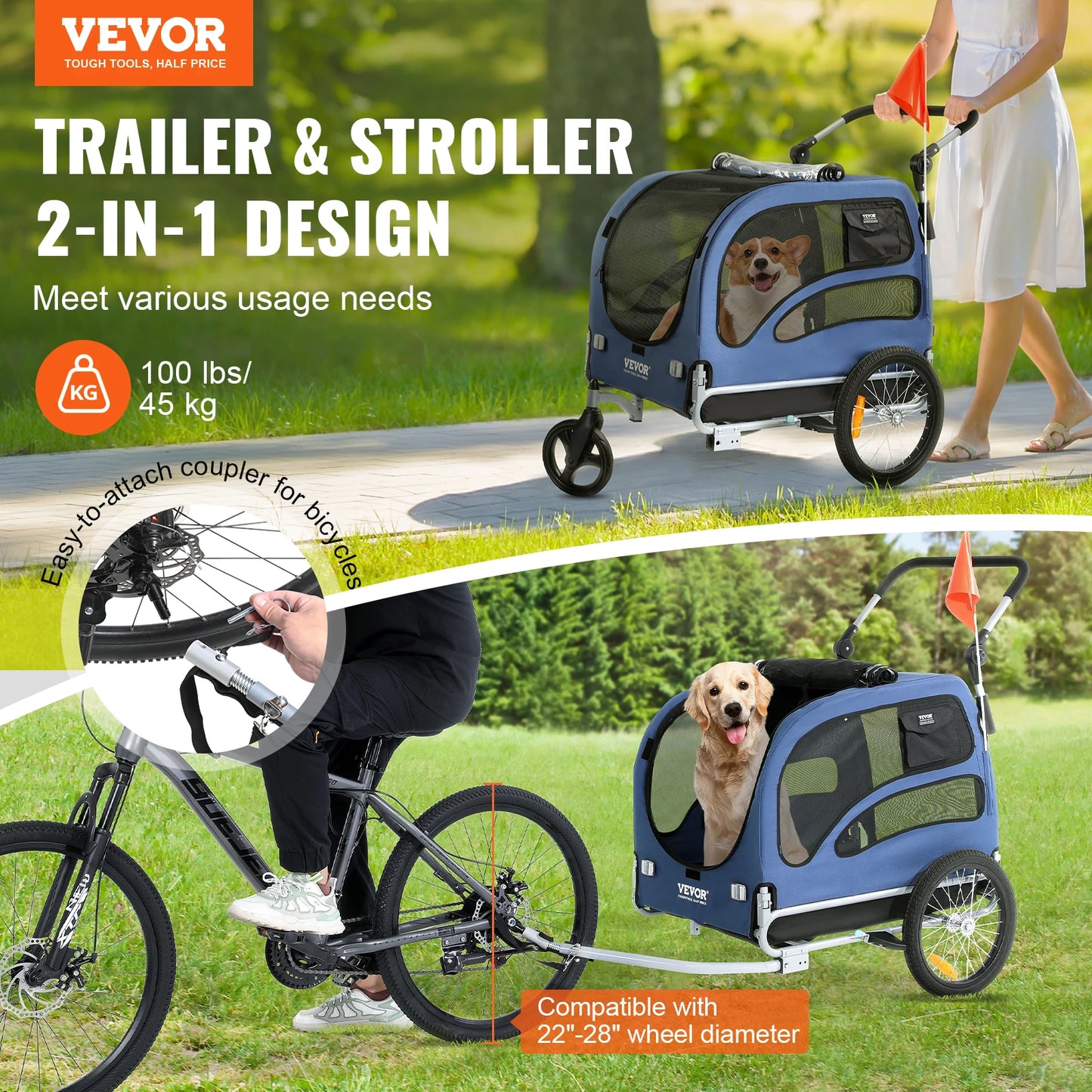 VEVOR 100 lbs Dog Bike Trailer 2-in-1 Pet Stroller Cart Bicycle Carrier with Wheels Coupler Reflectors Flag for Dogs Travel