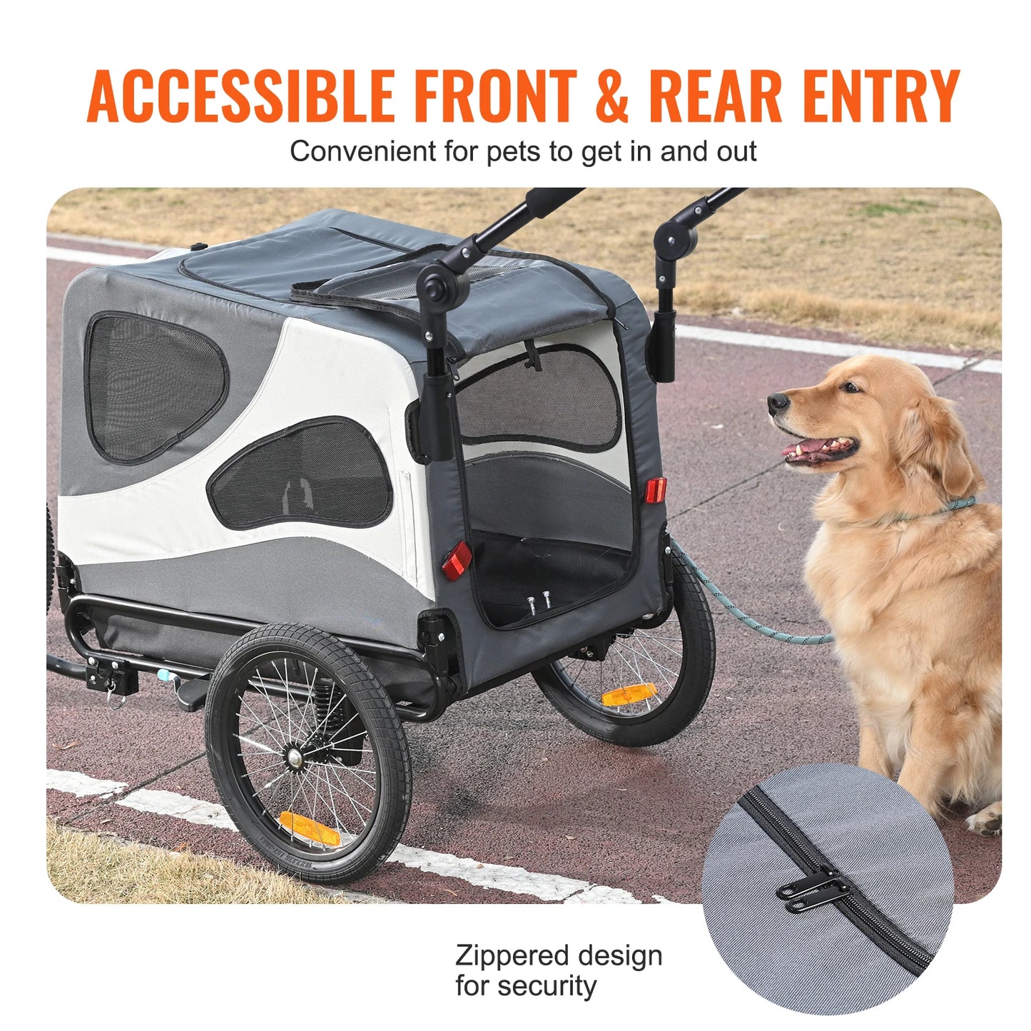 VEVOR 100 lbs Dog Bike Trailer 2-in-1 Pet Stroller Cart Easy Folding Bicycle Carrier with Coupler, Reflectors, Flag for Dogs