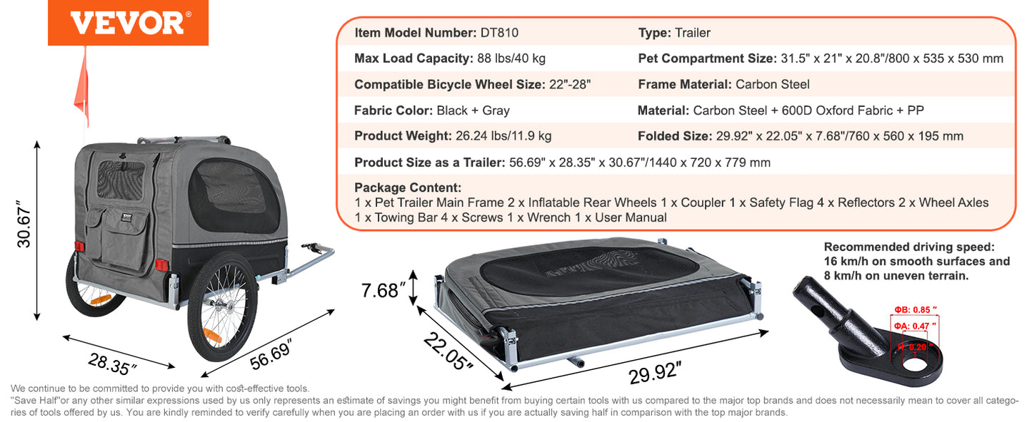 VEVOR 88 lbs Dog Bike Trailer Pet Cart Bicycle Carrier with Wheels, Coupler, Reflectors, Flag, Collapsible to Store for Dogs